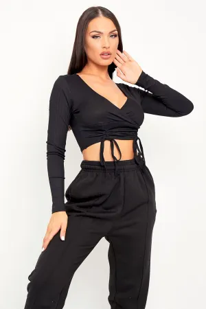 Black Ribbed Plunge Neckline Crop Top - Kaile