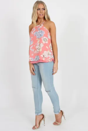 Coral Floral Side Split Top - Erika